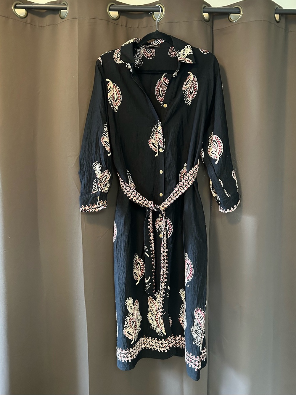 Black Paisley-Print Midi Shirt Dress with Tie Waist